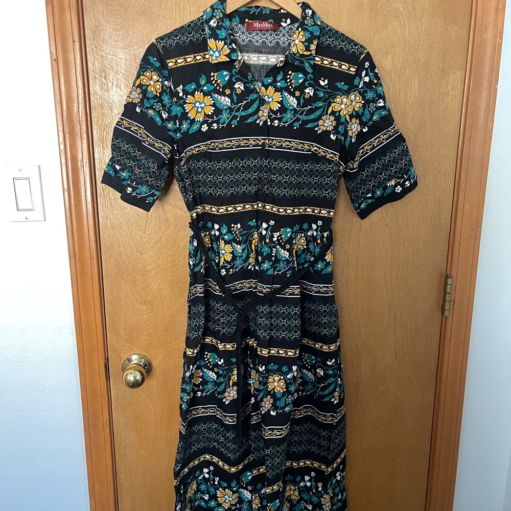 MaxMara Black and Teal Floral Midi Dress